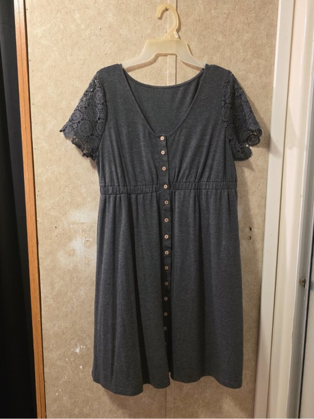 Charcoal Gray Lace-Sleeve Button-Front Women’s Dress